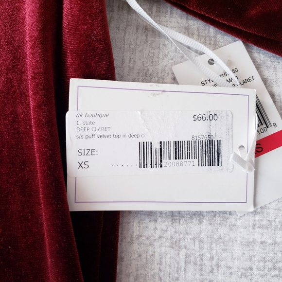 🆕️1.State Velvet Top Puff Short Sleeves in Deep Claret Red XSmall - Picture 5 of 8